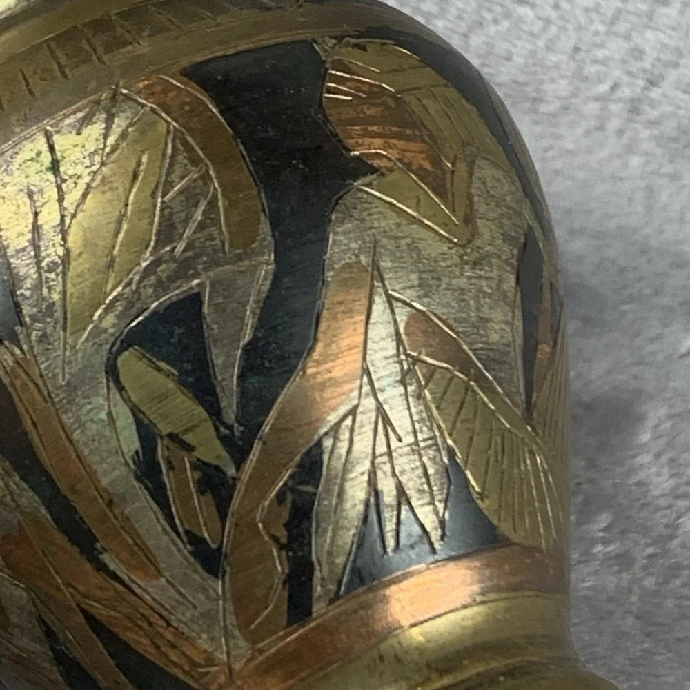 Vintage Mixed Metal Small Vase Egyptian‎ Style Copper Brass 4 Inches Tall Patina